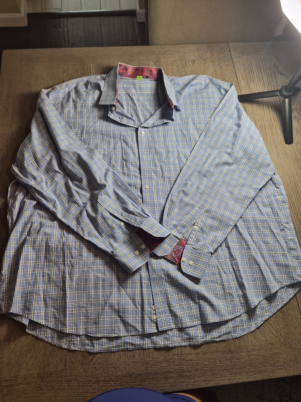 Men's Blue Plaid Dress Shirt with Contrasting Paisley Trim